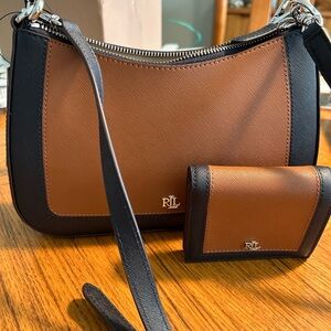 Ralph Lauren Tan and Midnight Blue Shoulder Bag with Wallet